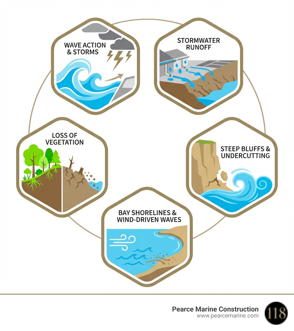 Infographic showing the primary causes of Suffolk County shoreline erosion: wave action and storms from Long Island Sound and Atlantic Ocean, stormwater runoff from developed areas, loss of protective vegetation, steep North Shore bluffs vulnerable to undercutting, and South Shore bay shorelines exposed to fetch and wind-driven waves - erosion control Suffolk County infographic 
