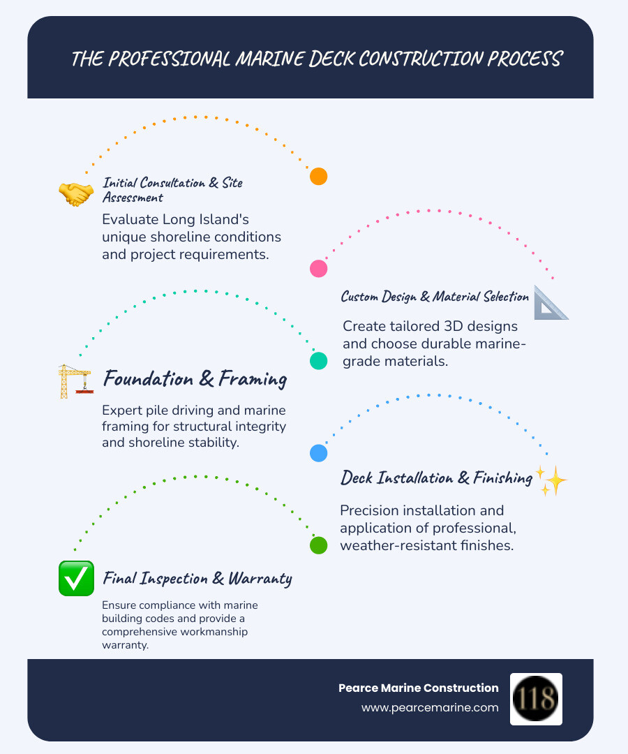 Infographic showing the complete marine deck construction process from initial consultation and shoreline assessment through material selection, foundation work, deck framing, and finishing, with timeline and key quality checkpoints for Long Island waterfront properties - Deck builders NY infographic infographic-line-5-steps-blues-accent_colors Infographic showing the complete marine deck construction process from initial consultation and shoreline assessment through material selection, foundation work, deck framing, and finishing, with timeline and key quality checkpoints for Long Island waterfront properties - Deck builders NY infographic infographic-line-5-steps-blues-accent_colors