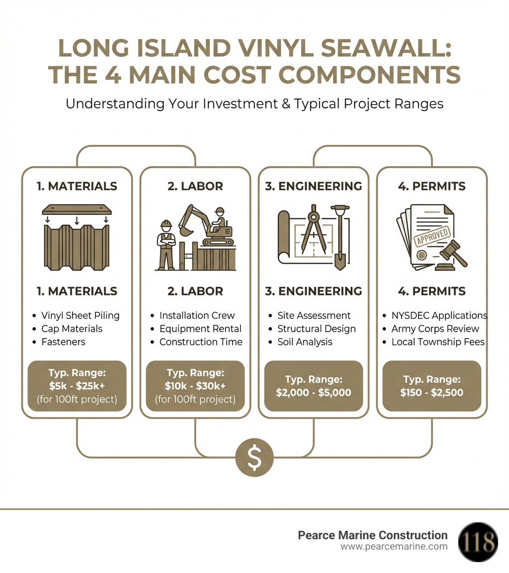 Infographic showing the four main cost components of a vinyl seawall project: Materials (vinyl sheet piling, cap materials, fasteners), Labor (installation crew, equipment rental, construction time), Engineering (site assessment, structural design, soil analysis), and Permits (NYSDEC applications, Army Corps review, local township fees). Each component shows typical cost ranges for Long Island projects. - how much does vinyl seawall cost infographic 
