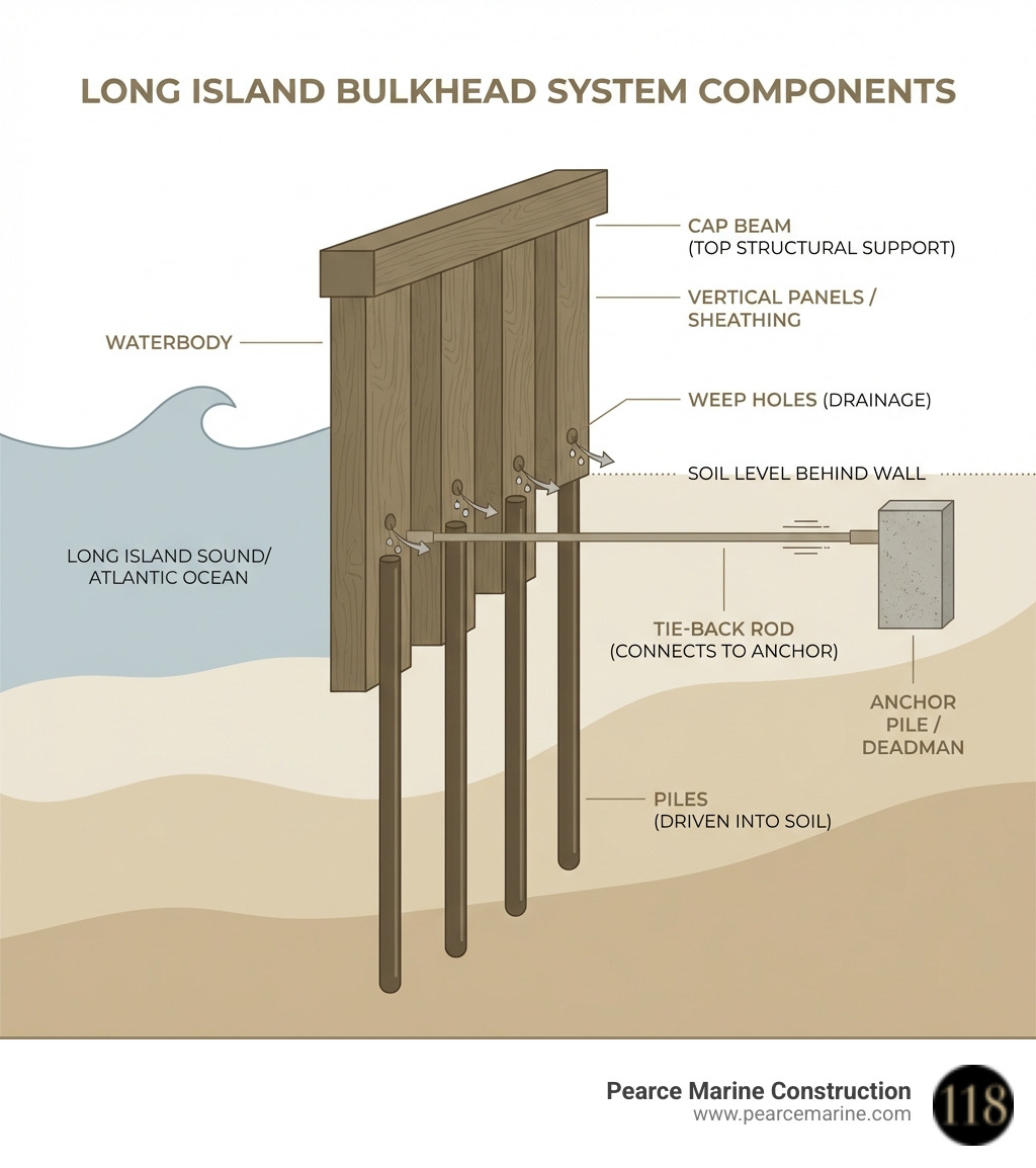 Infographic showing the key components of a typical Long Island bulkhead system including piles driven into the soil, vertical panels or sheathing, tie-back rods connecting to anchor piles or deadmen, weep holes for drainage, and the cap beam at the top - bulkhead seawall repair infographic 