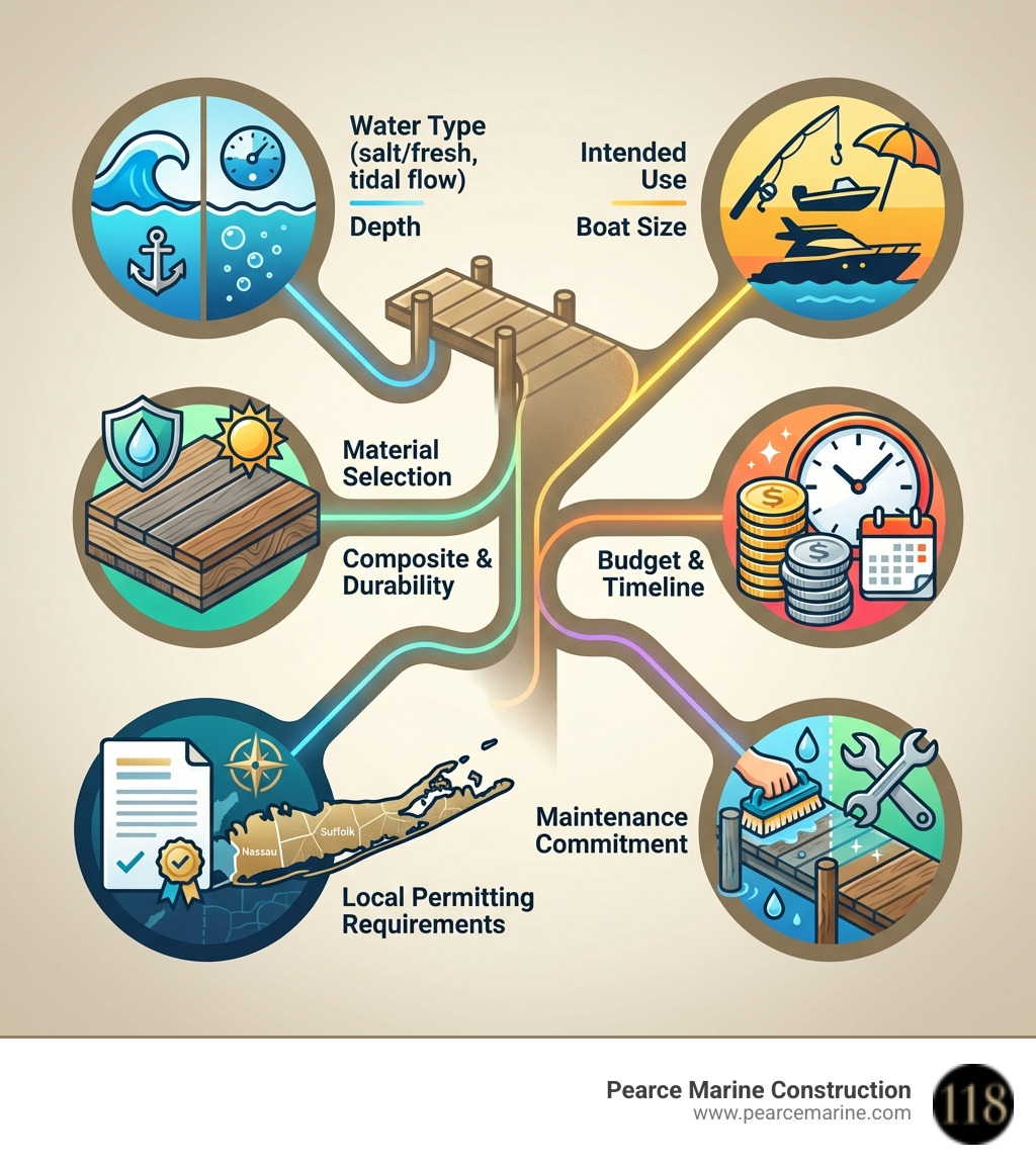 Infographic showing key factors for boat dock projects: water type and depth, intended use and boat size, material selection for durability, budget and timeline considerations, local permitting requirements for Nassau and Suffolk Counties, and maintenance commitment - boat dock installer infographic Infographic showing key factors for boat dock projects: water type and depth, intended use and boat size, material selection for durability, budget and timeline considerations, local permitting requirements for Nassau and Suffolk Counties, and maintenance commitment - boat dock installer infographic