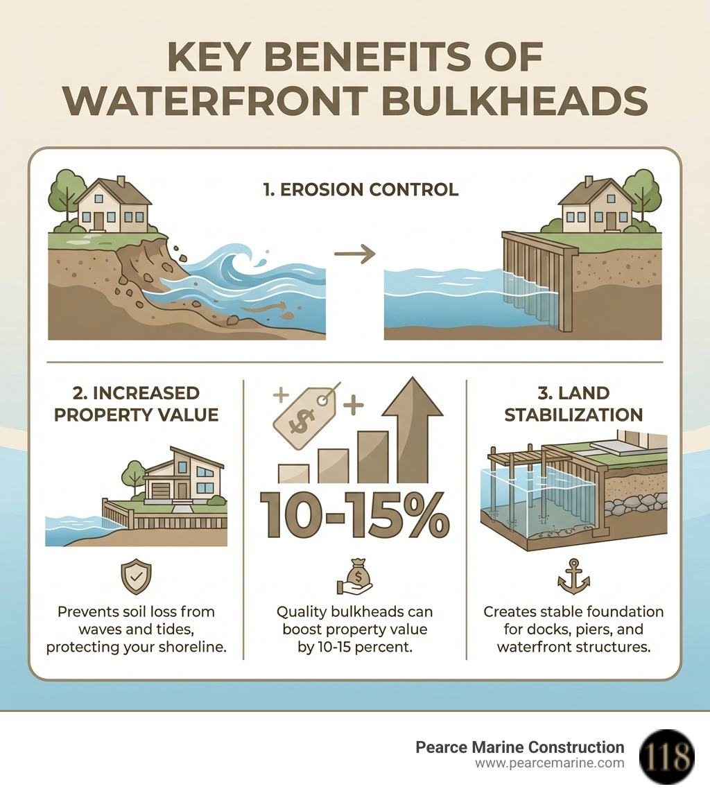Infographic showing three key benefits of waterfront bulkheads: 1. Erosion Control - Prevents soil loss from waves and tides protecting your shoreline, 2. Increased Property Value - Quality bulkheads can boost property value by 10-15 percent, 3. Land Stabilization - Creates stable foundation for docks piers and waterfront structures - bulkhead waterfront infographic 