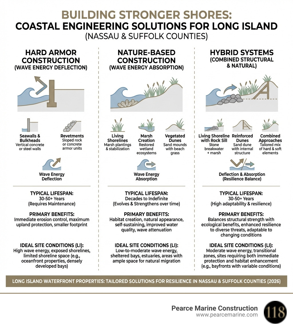 Infographic showing the three main categories of coastal engineering solutions: Hard Armor Construction (seawalls, bulkheads, revetments with wave energy deflection), Nature-Based Construction (living shorelines, marsh creation, vegetated dunes with wave energy absorption), and Hybrid Systems (combined structural and natural elements). Each category includes typical lifespan, primary benefits, and ideal site conditions for Long Island waterfront properties in Nassau and Suffolk Counties. - Coastal engineering solutions infographic 