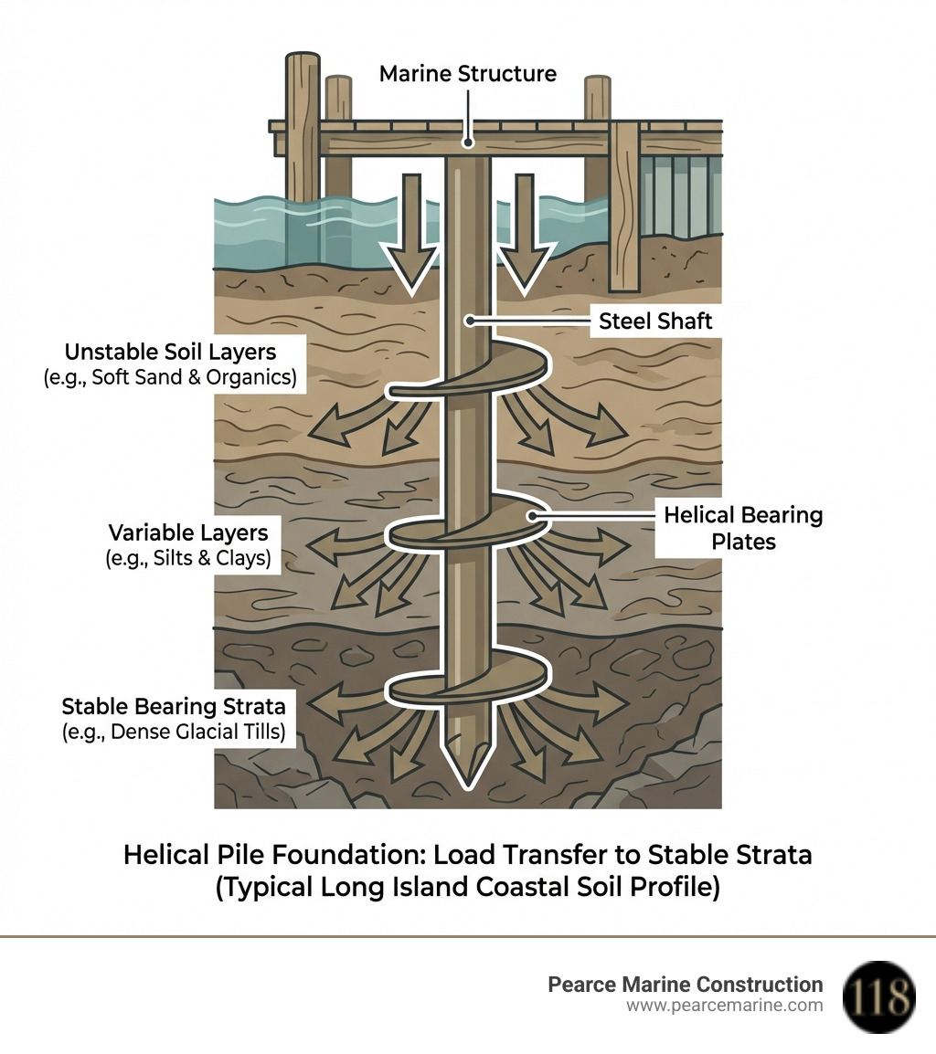 infographic showing cross-section of helical pile foundation with steel shaft, multiple helical bearing plates at different depths, and arrows indicating load transfer from marine structure above ground through unstable soil layers to stable bearing strata below, with labels for components and soil layers typical to Long Island coastal areas - helical pile foundation infographic infographic showing cross-section of helical pile foundation with steel shaft, multiple helical bearing plates at different depths, and arrows indicating load transfer from marine structure above ground through unstable soil layers to stable bearing strata below, with labels for components and soil layers typical to Long Island coastal areas - helical pile foundation infographic