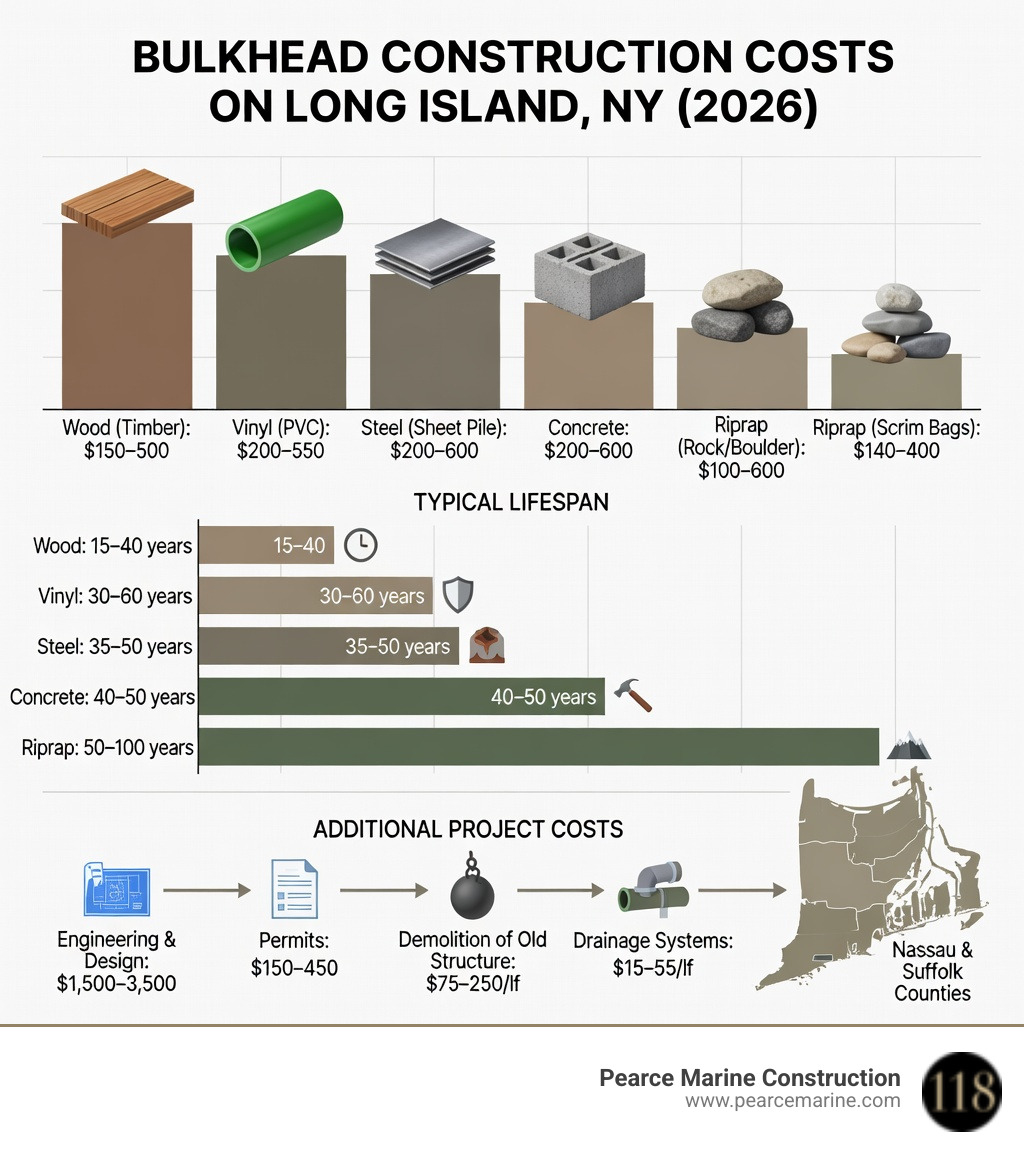 Infographic showing bulkhead construction cost breakdown by material type including wood, vinyl, steel, concrete, and riprap with cost per linear foot ranges, typical lifespan, best use cases, and additional project costs for engineering, drainage, and demolition on Long Island NY - bulkhead construction cost infographic 