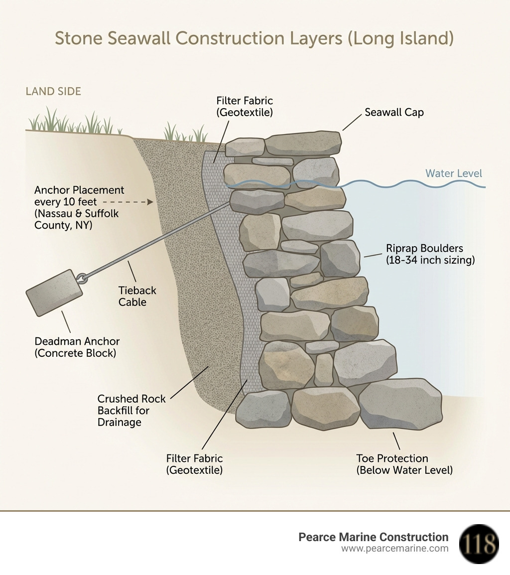 detailed infographic showing stone seawall construction layers from foundation to cap, including filter fabric placement, riprap boulder sizing 18-34 inches, toe protection below water level, crushed rock backfill for drainage, and deadman anchor placement every 10 feet for Nassau and Suffolk County Long Island installations - how to build a stone seawall infographic 