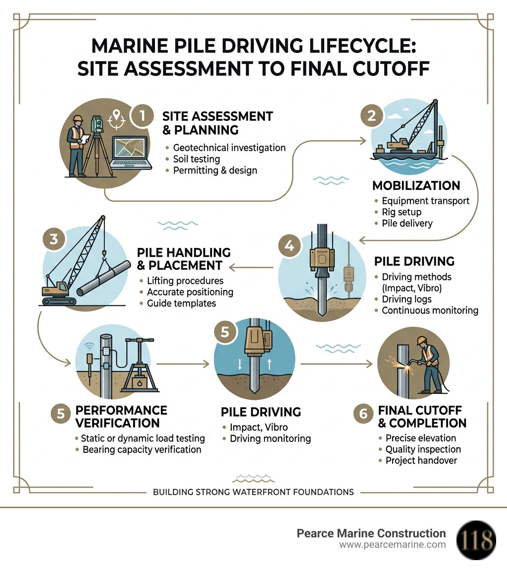 Marine pile driving lifecycle infographic from site assessment to final cutoff - marine pile driving infographic 