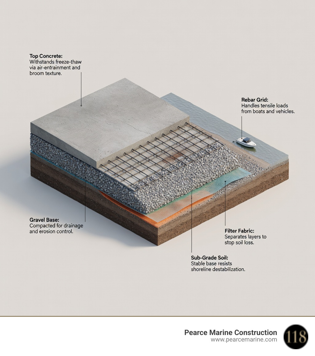 Infographic showing the structural layers of a high-durability boat ramp: top layer broom-finished air-entrained concrete, rebar reinforcement grid, compacted 3/4-inch gravel base, geotextile filter fabric, and stable sub-grade soil — with labels indicating how each layer resists freeze-thaw cycles, erosion, and load stress on Long Island shorelines - boat ramp repair near me infographic 