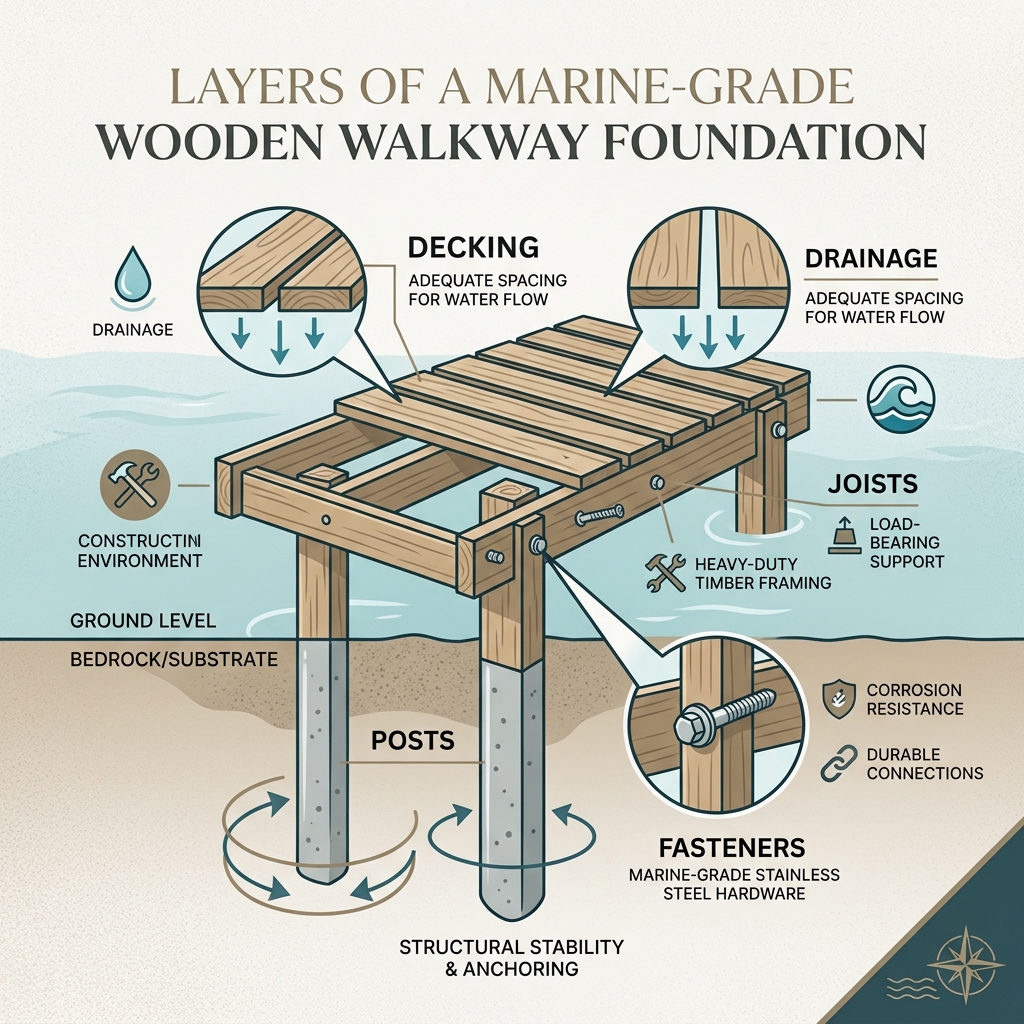 Layers of a marine-grade wooden walkway foundation: posts, joists, decking, fasteners, drainage - wooden walkway