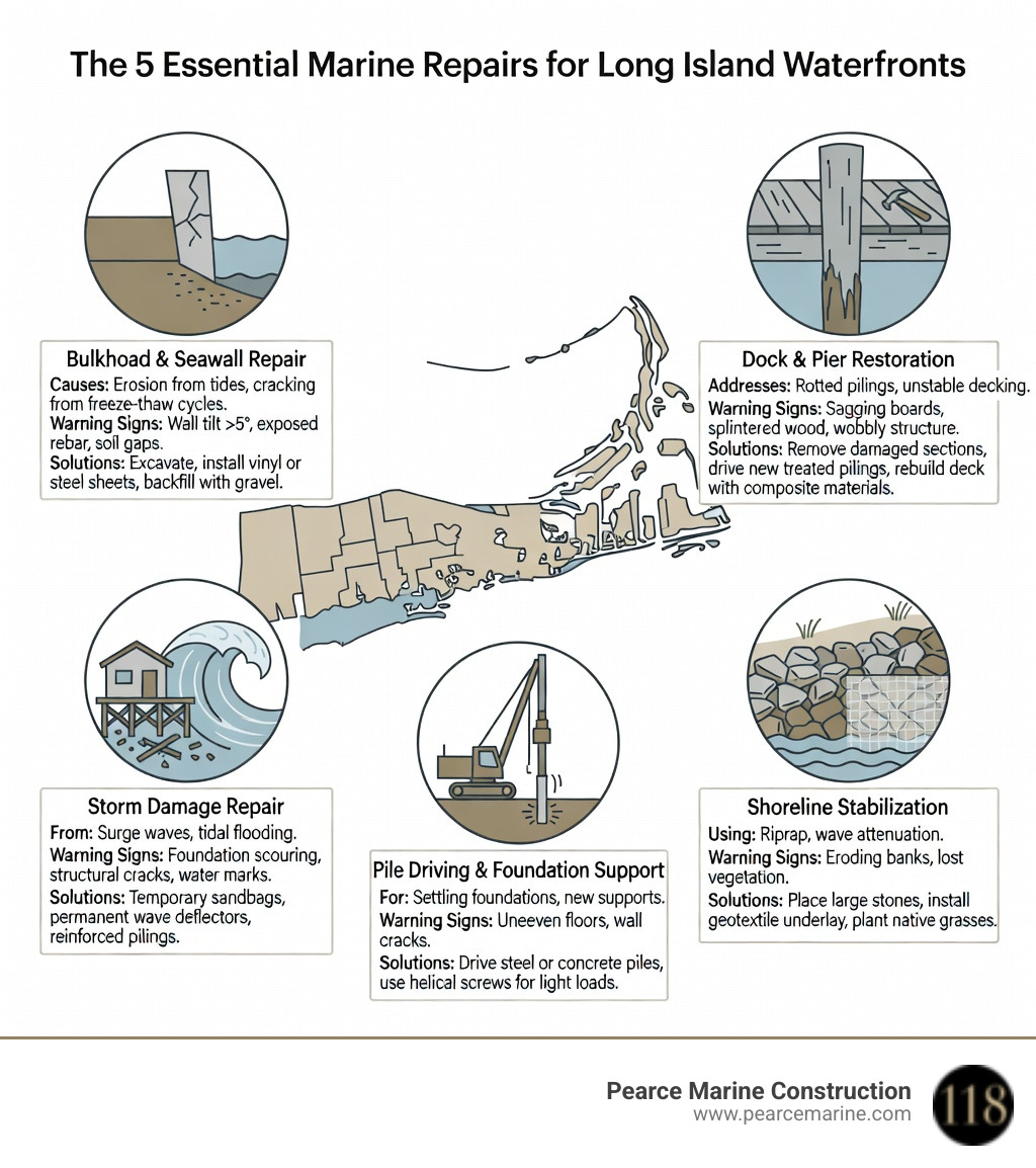 Infographic showing the five most common marine repair needs on Long Island waterfront properties: bulkhead and seawall repair with causes like erosion and cracking, dock and pier restoration addressing rotted pilings and unstable decking, storm damage repair from surge and wave impact, shoreline stabilization using riprap and wave attenuation techniques, and pile driving for foundation support — each with a brief description of warning signs and typical construction solutions used in Nassau and Suffolk Counties - Marine repair Long Island infographic 
