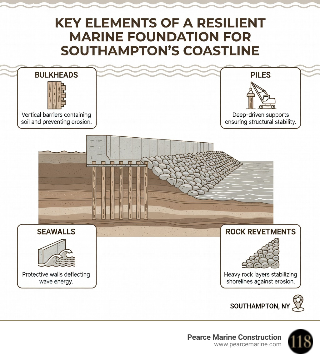 Components of a durable marine foundation including bulkheads, piles, seawalls, and rock revetments in Southampton NY