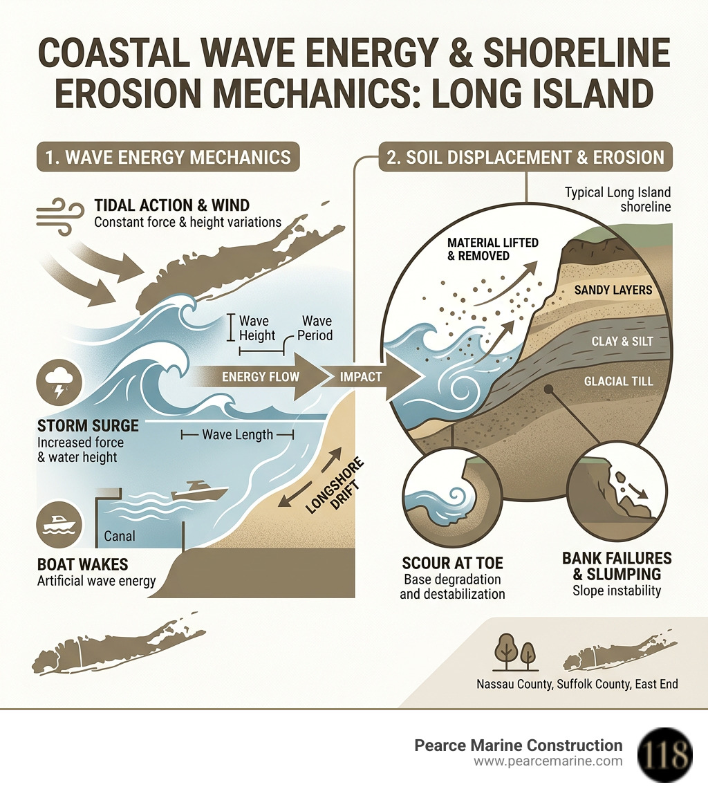 Infographic showing coastal wave energy mechanics and soil displacement on Long Island shorelines - Shoreline erosion Infographic showing coastal wave energy mechanics and soil displacement on Long Island shorelines - Shoreline erosion