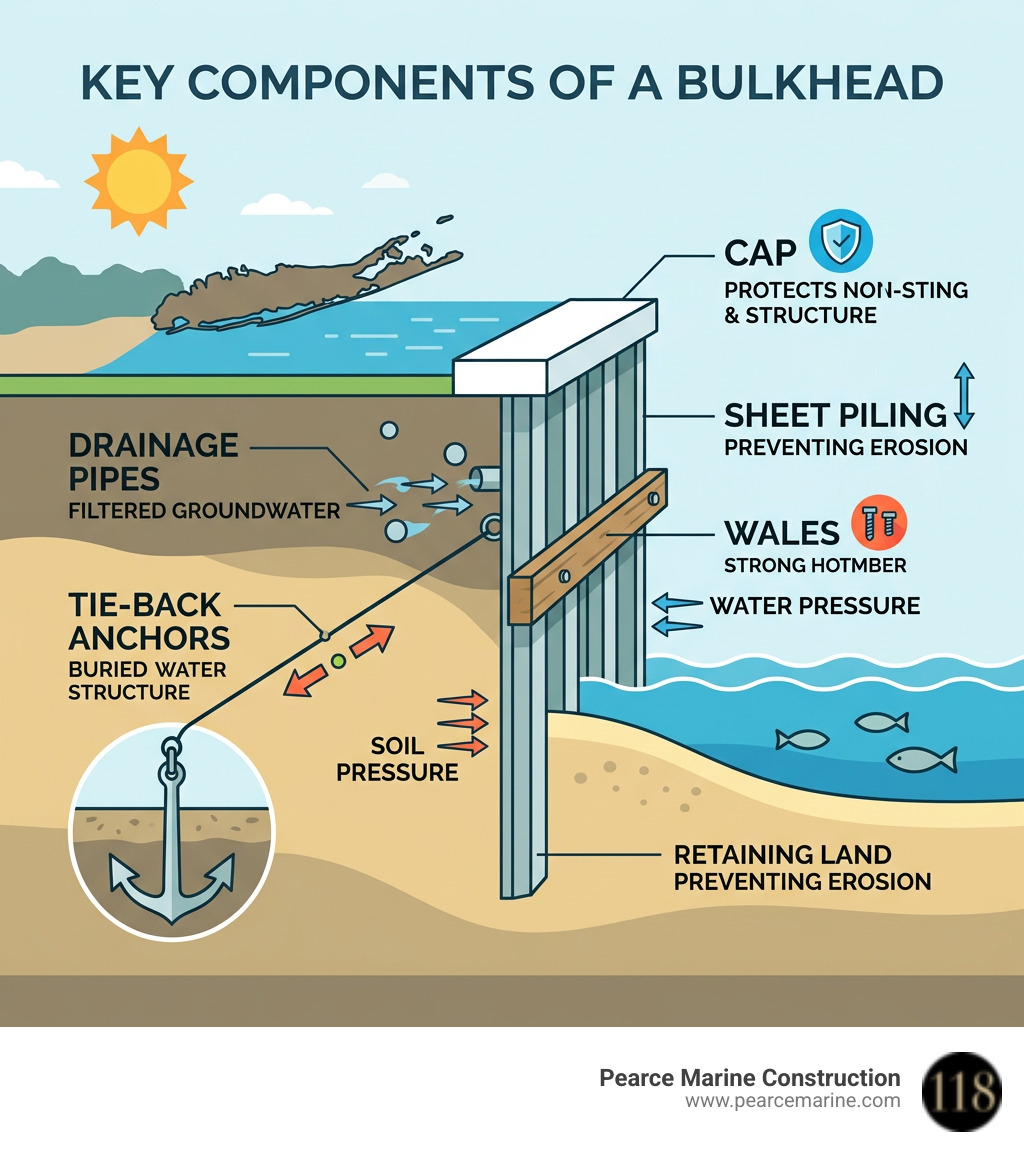 Infographic showing bulkhead components: sheet piling, tie-back anchors, wales, drainage pipes, and cap on Long Island
