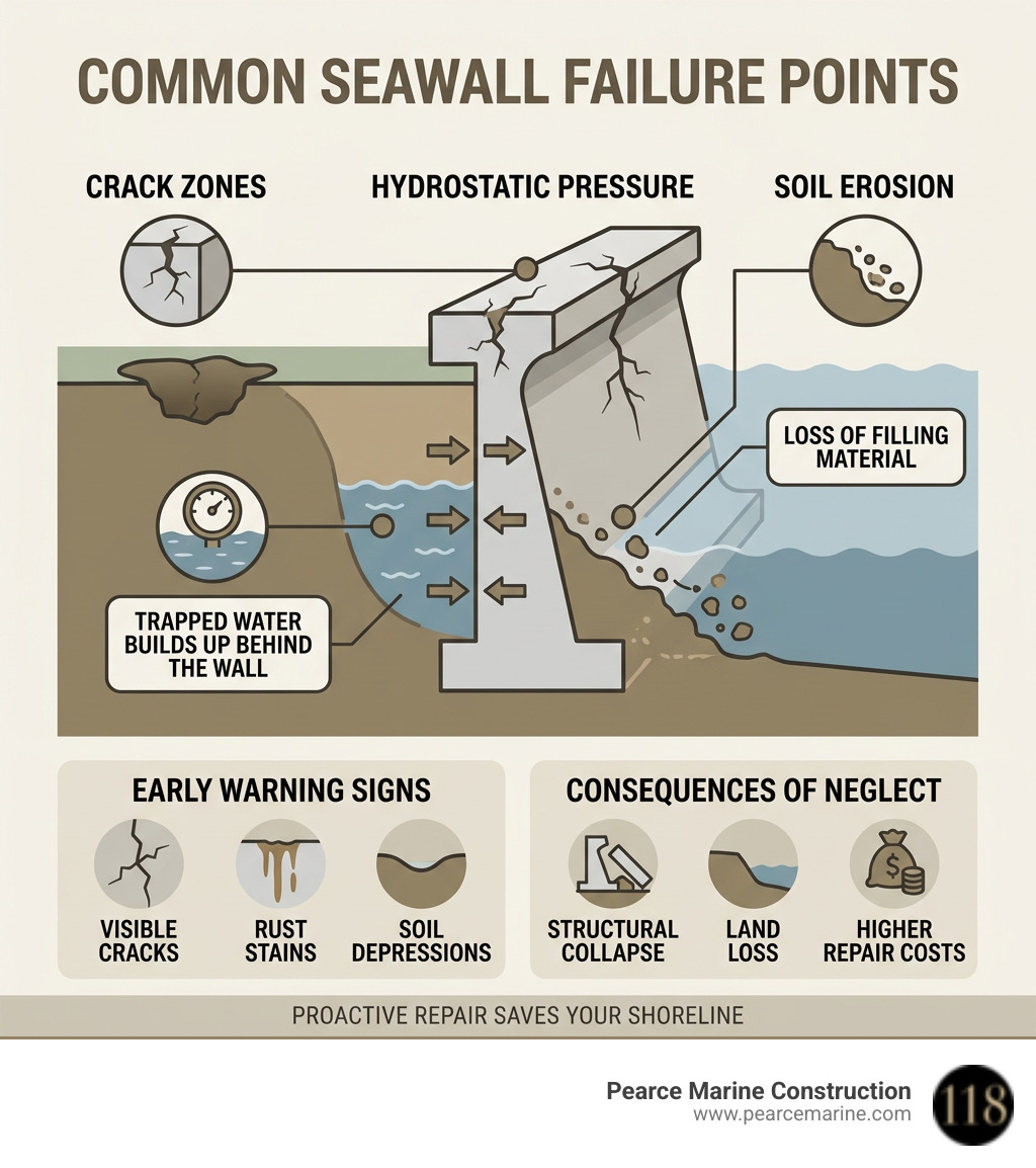 Seawall failure points hydrostatic pressure soil erosion crack zones infographic - repairing seawalls infographic 