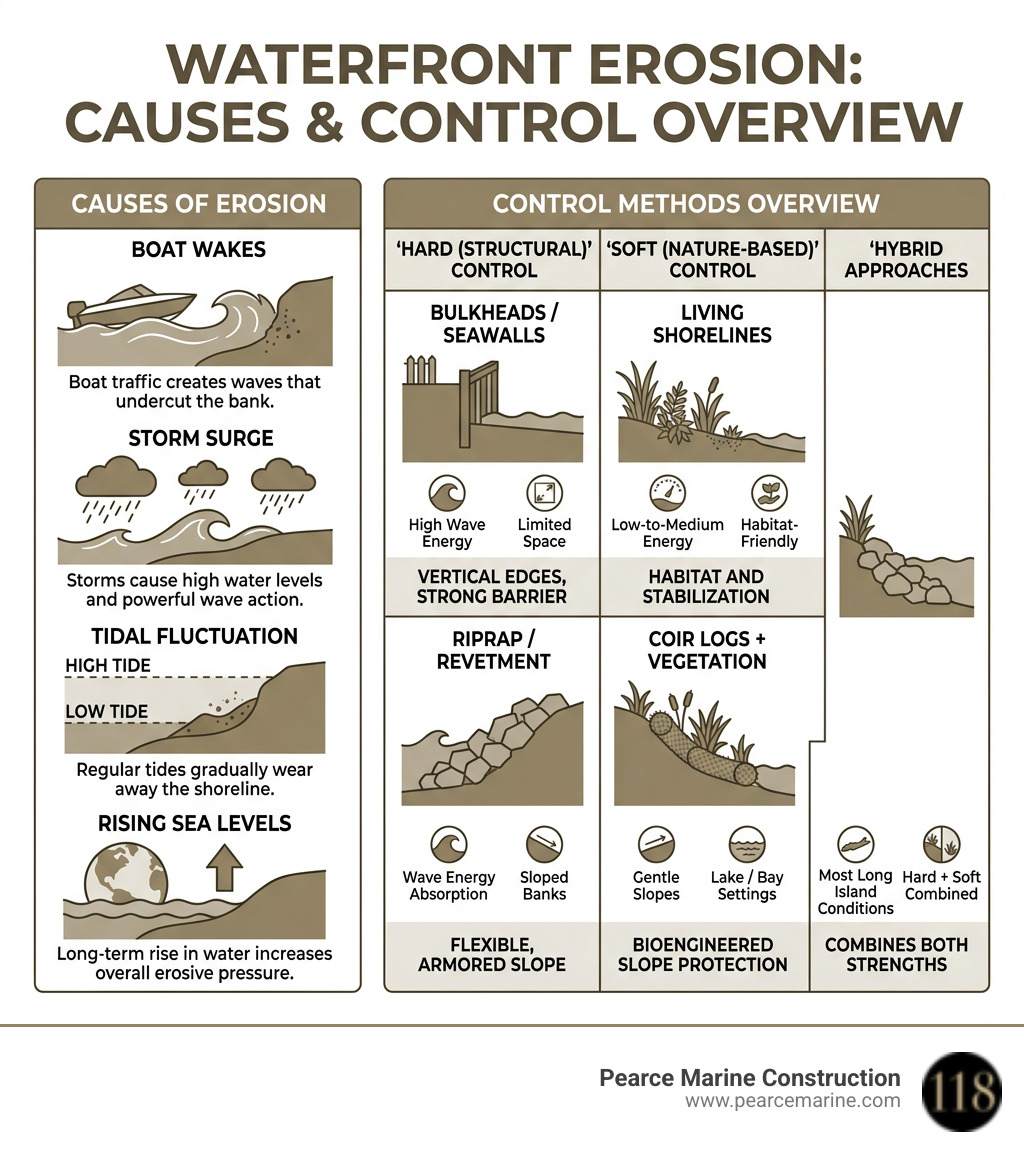 Infographic showing primary causes of waterfront erosion and control methods overview - Waterfront erosion control