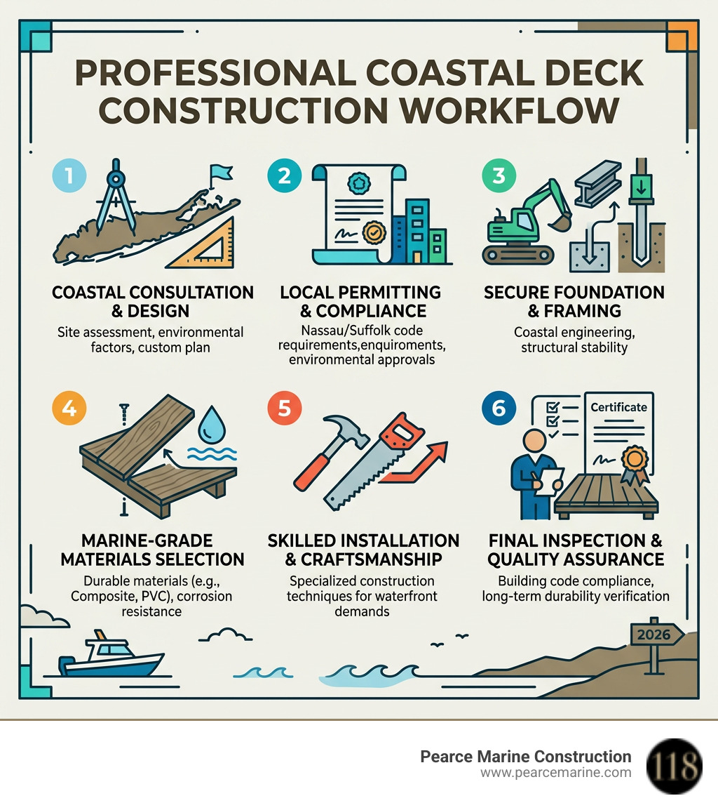 Infographic showing professional deck construction workflow for Long Island coastal properties - Deck building Long Island Infographic showing professional deck construction workflow for Long Island coastal properties - Deck building Long Island