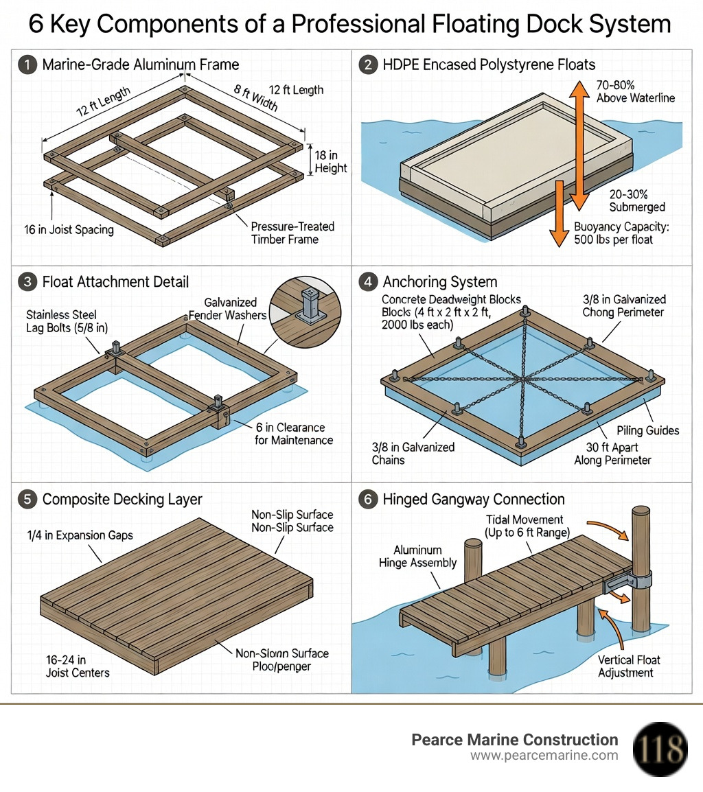 Infographic showing the 6 key components of a professional floating dock system: (1) marine-grade aluminum or timber frame with labeled dimensions and joist spacing; (2) HDPE encased polystyrene floats positioned underneath with buoyancy percentage indicators showing 70-80% above waterline; (3) float attachment detail with lag bolts and fender washers; (4) anchoring system diagram showing concrete deadweight blocks connected by chains in a criss-cross pattern, spaced 30 feet apart along the dock perimeter; (5) composite decking layer on top with 1/4-inch gap callouts; (6) hinged gangway connection to shore with tidal range arrows showing vertical float movement - floating dock construction techniques infographic Infographic showing the 6 key components of a professional floating dock system: (1) marine-grade aluminum or timber frame with labeled dimensions and joist spacing; (2) HDPE encased polystyrene floats positioned underneath with buoyancy percentage indicators showing 70-80% above waterline; (3) float attachment detail with lag bolts and fender washers; (4) anchoring system diagram showing concrete deadweight blocks connected by chains in a criss-cross pattern, spaced 30 feet apart along the dock perimeter; (5) composite decking layer on top with 1/4-inch gap callouts; (6) hinged gangway connection to shore with tidal range arrows showing vertical float movement - floating dock construction techniques infographic
