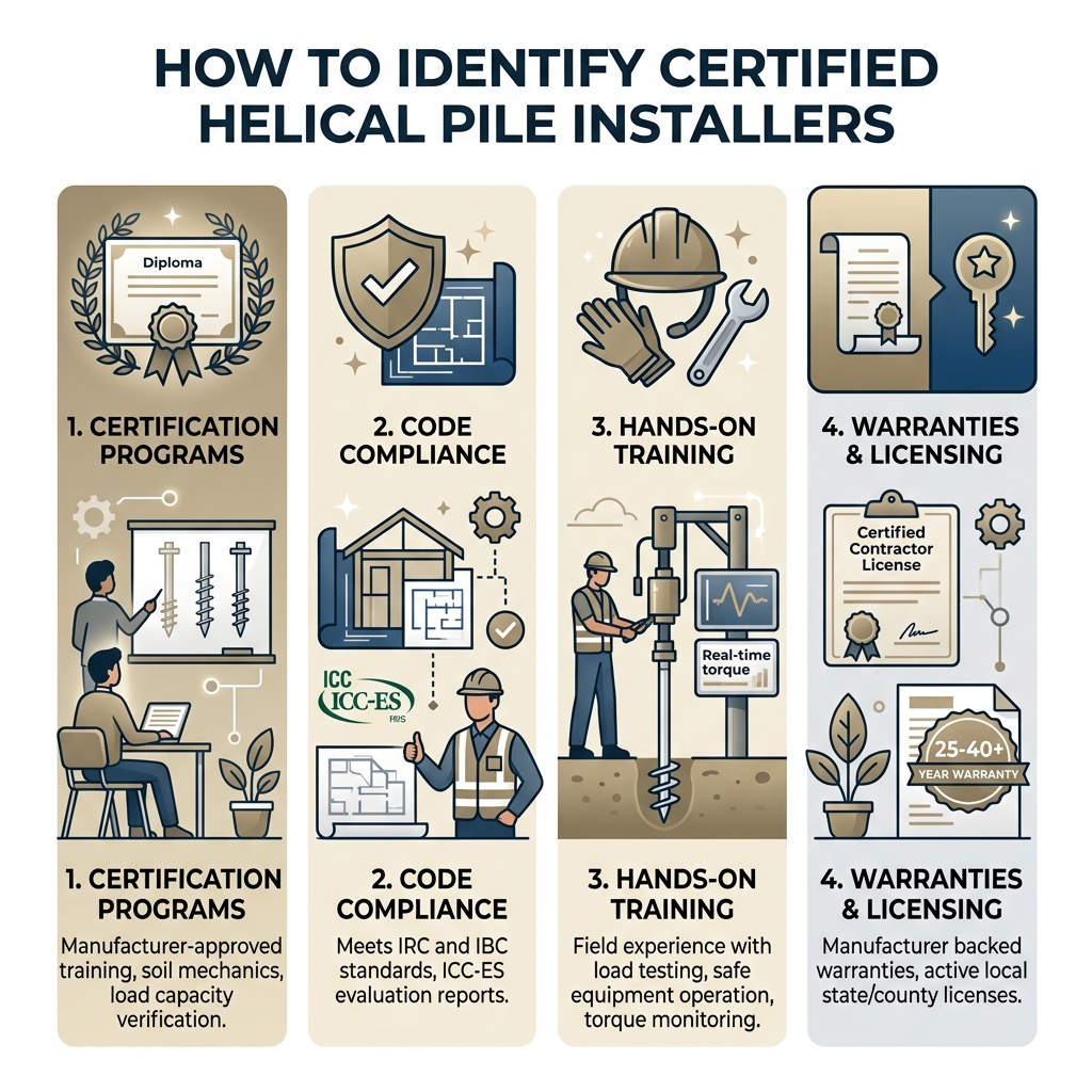 Infographic showing how to identify certified helical pile installers: certification programs, code compliance, warranties