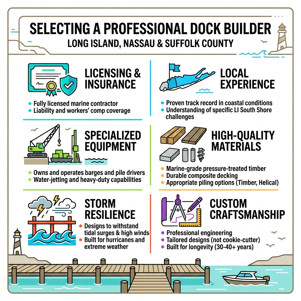 Professional dock builder selection criteria infographic for Long Island Nassau Suffolk marine construction - dock builder Professional dock builder selection criteria infographic for Long Island Nassau Suffolk marine construction - dock builder