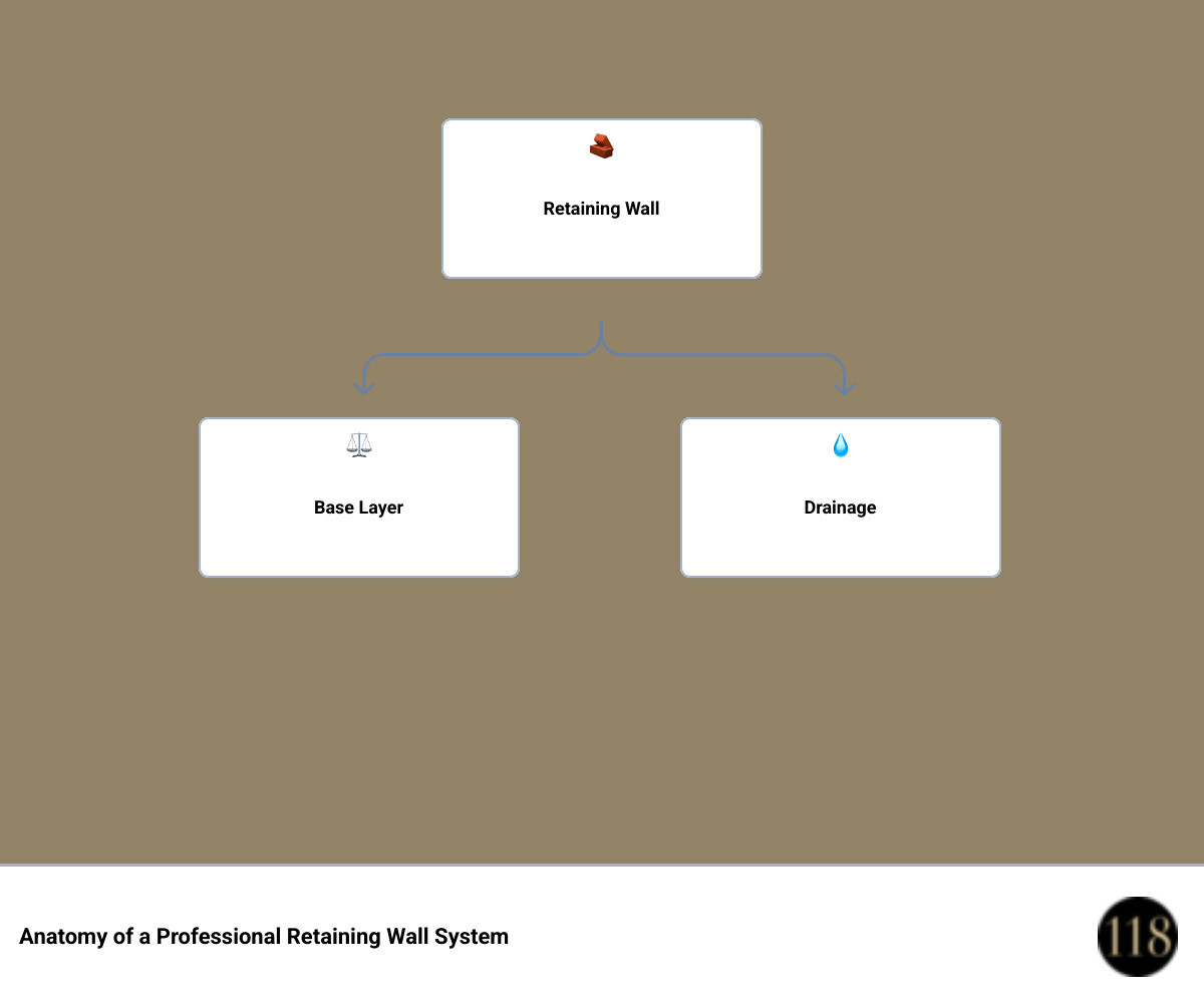 Anatomy of a professional retaining wall system showing base, drainage, geogrid, and capstone layers - building retaining Anatomy of a professional retaining wall system showing base, drainage, geogrid, and capstone layers - building retaining