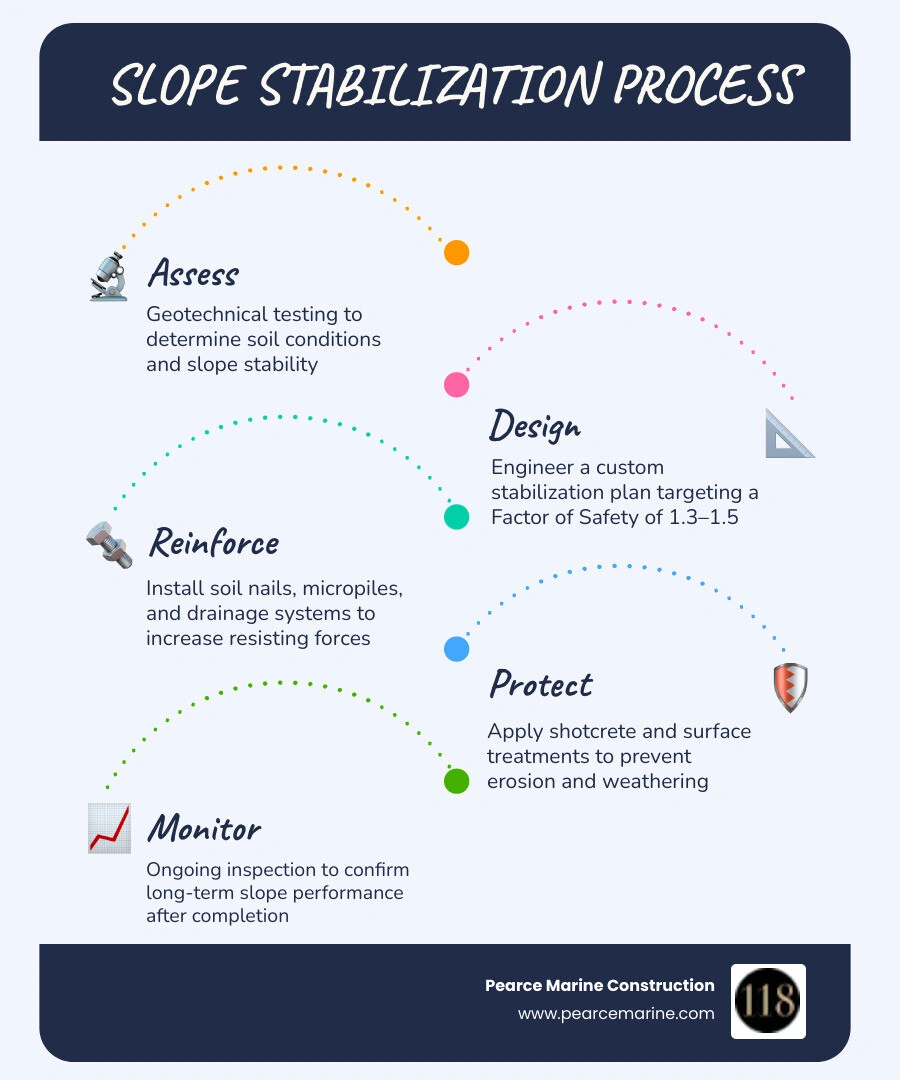 Infographic showing common causes of slope failure, warning signs, and top stabilization methods used by contractors