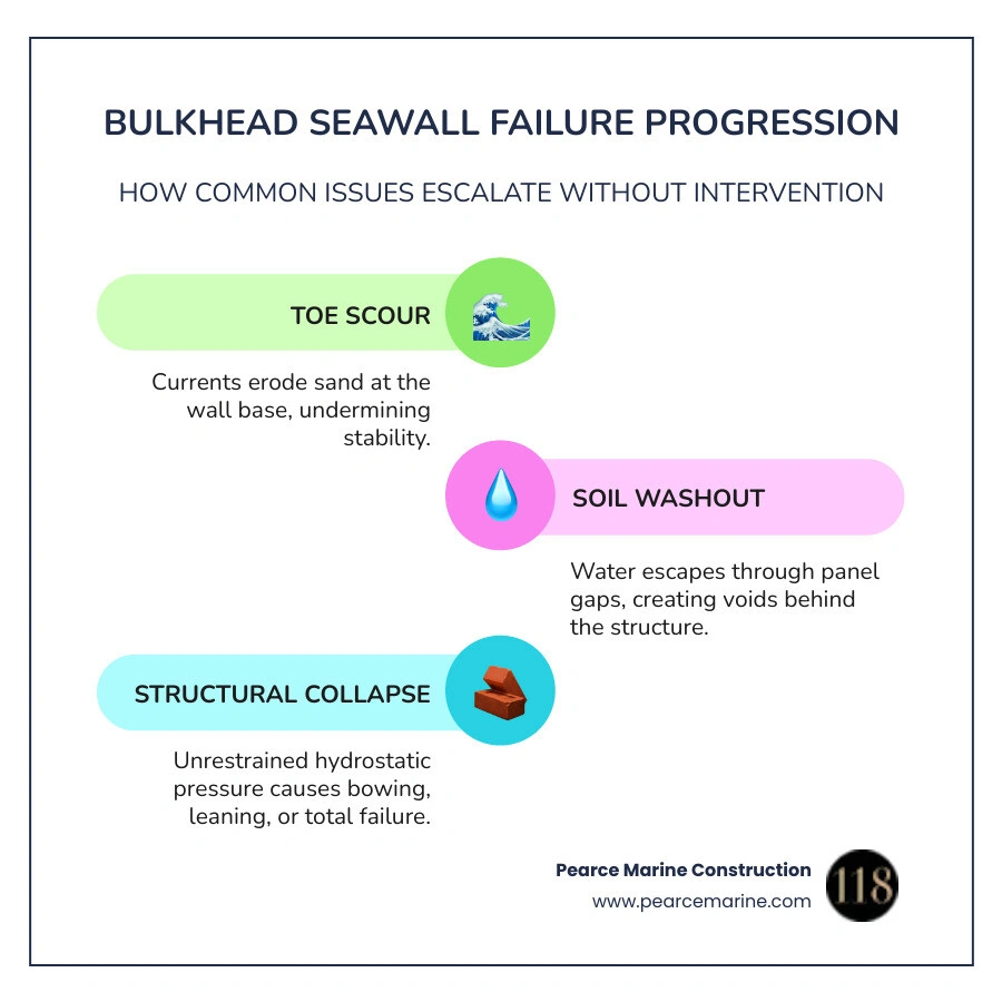 Infographic of common bulkhead failure points like toe scour and tieback corrosion infographic