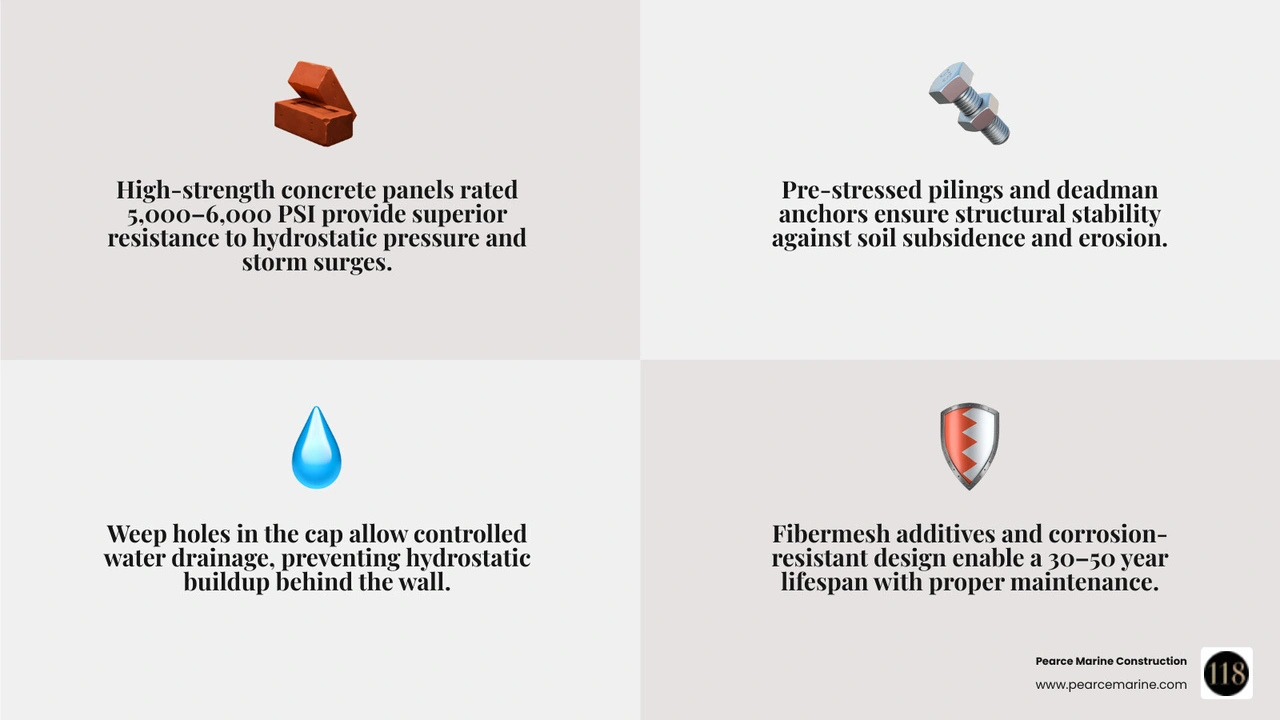 Infographic showing key components of a high-strength concrete seawall system including panels, pilings, cap, deadman
