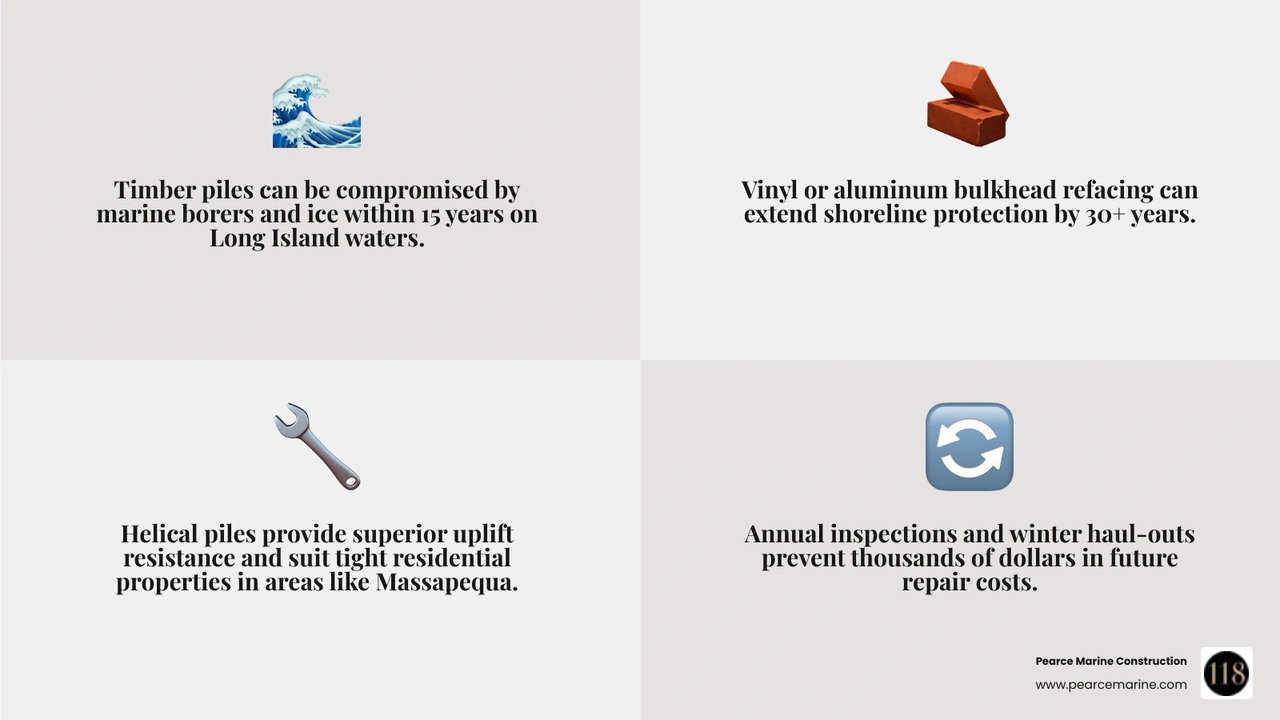 Infographic showing the lifespan of different marine construction materials like vinyl, composite, and treated timber