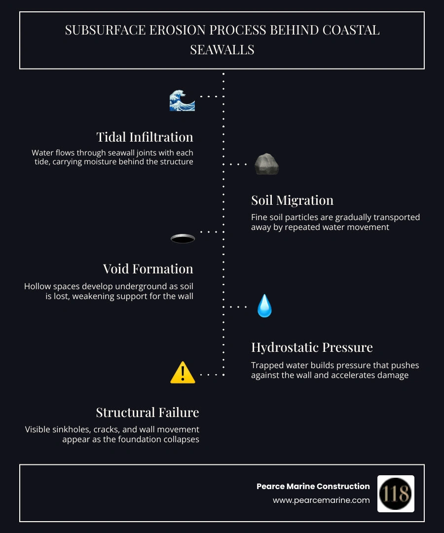 Subsurface erosion process behind coastal seawalls - void formation, hydrostatic pressure, soil migration infographic Subsurface erosion process behind coastal seawalls - void formation, hydrostatic pressure, soil migration infographic