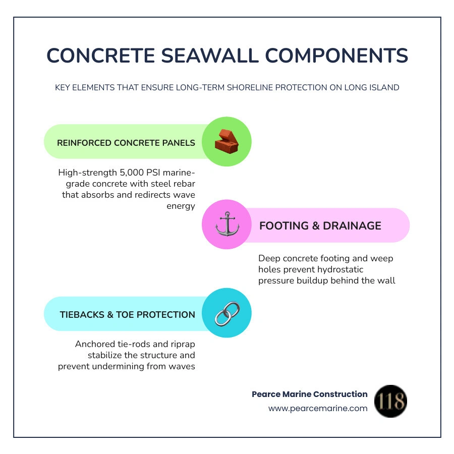 Infographic showing the key components of a concrete seawall system including panels, rebar, footing, drainage, and tieback Infographic showing the key components of a concrete seawall system including panels, rebar, footing, drainage, and tieback