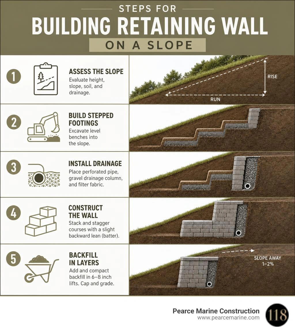 Steps for building retaining wall on a slope: assessment, footings, drainage, construction, and backfill sequence infographic