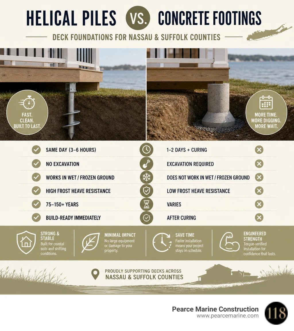 Helical piles vs concrete footings comparison infographic for deck foundations in Nassau and Suffolk Counties infographic
