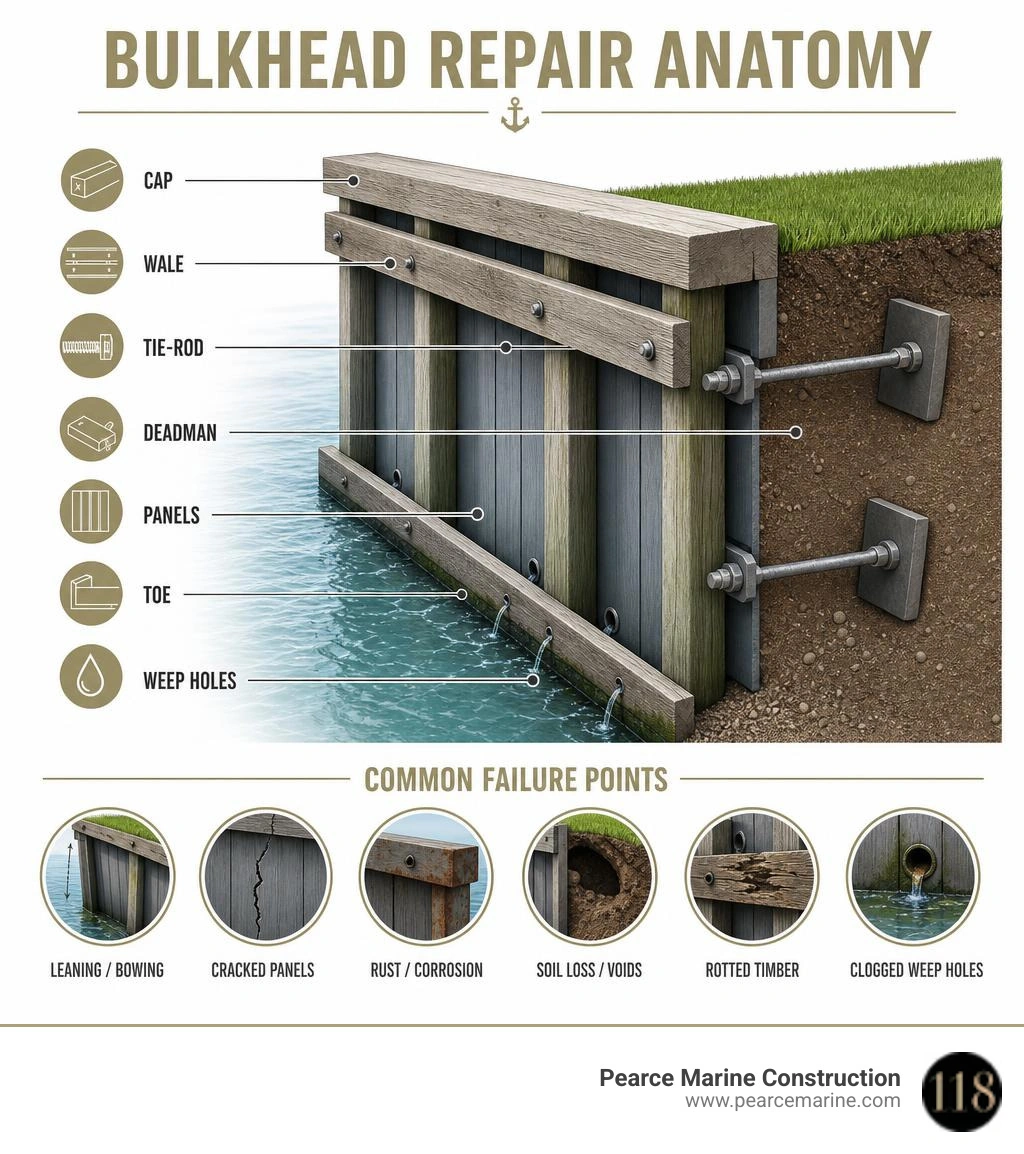 Bulkhead repair anatomy infographic showing cap, wale, tie-rod, deadman, panels, toe, weep holes, and common failure points