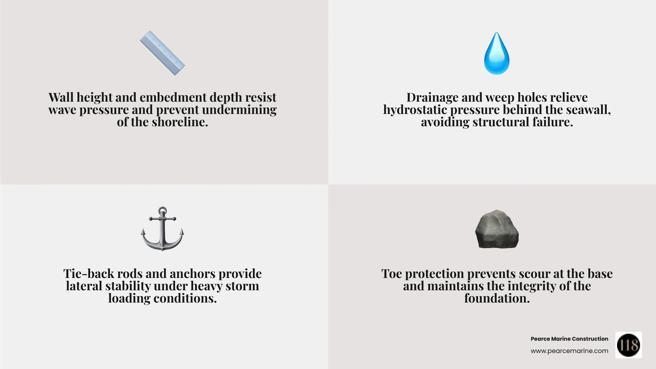 Sea wall diagram infographic showing key components: wall height, embedment depth, toe protection, weep holes, tie-back