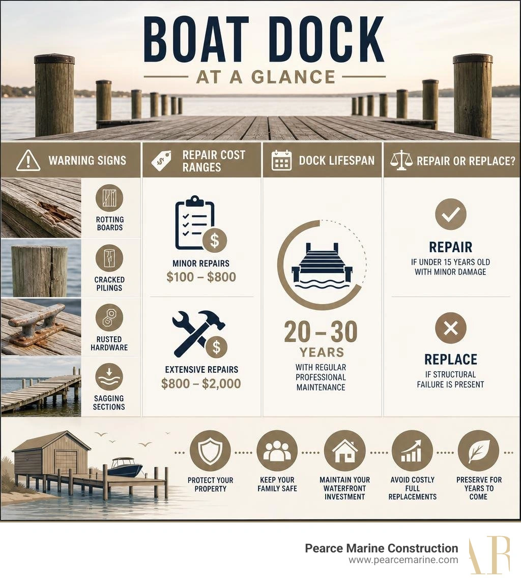 Infographic showing boat dock warning signs, repair cost ranges, lifespan, and when to repair vs replace infographic Infographic showing boat dock warning signs, repair cost ranges, lifespan, and when to repair vs replace infographic