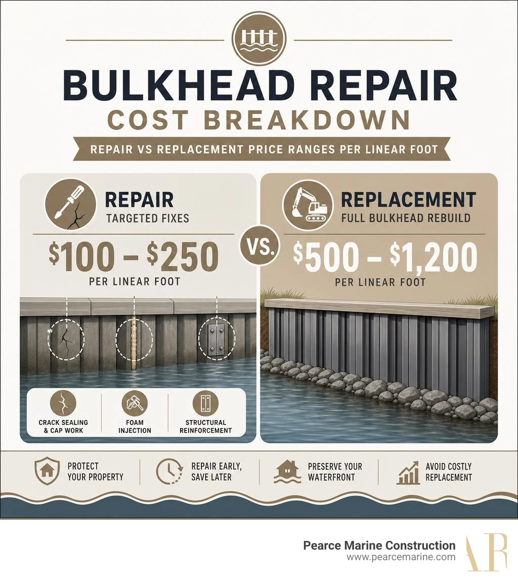 Bulkhead repair cost breakdown infographic with repair vs replacement price ranges per linear foot infographic Bulkhead repair cost breakdown infographic with repair vs replacement price ranges per linear foot infographic