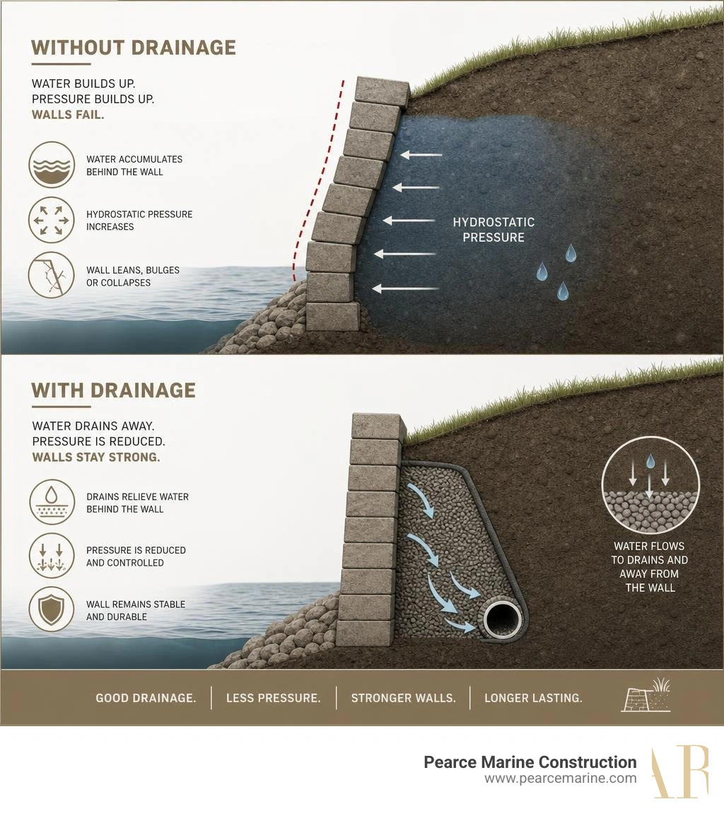 Infographic showing hydrostatic pressure buildup behind retaining walls and how drainage systems prevent slope wall failure Infographic showing hydrostatic pressure buildup behind retaining walls and how drainage systems prevent slope wall failure