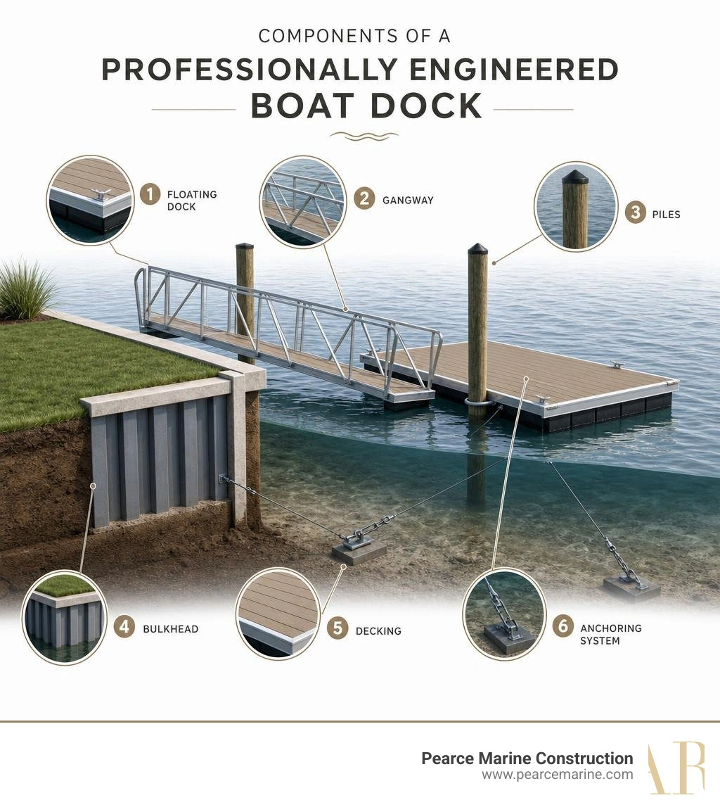 Infographic showing components of a professionally engineered boat dock: floating dock, gangway, piles, bulkhead, decking Infographic showing components of a professionally engineered boat dock: floating dock, gangway, piles, bulkhead, decking