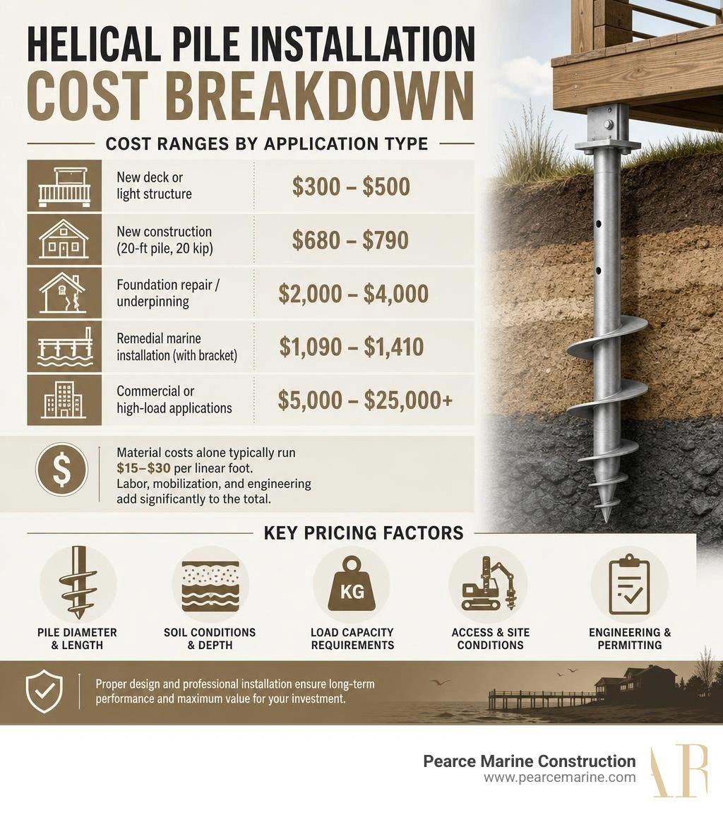 Helical pile installation cost breakdown infographic showing cost ranges by application type and key pricing factors Helical pile installation cost breakdown infographic showing cost ranges by application type and key pricing factors