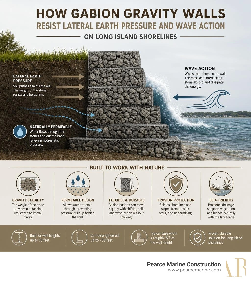 Infographic showing how gabion gravity walls resist lateral earth pressure and wave action on Long Island shorelines
