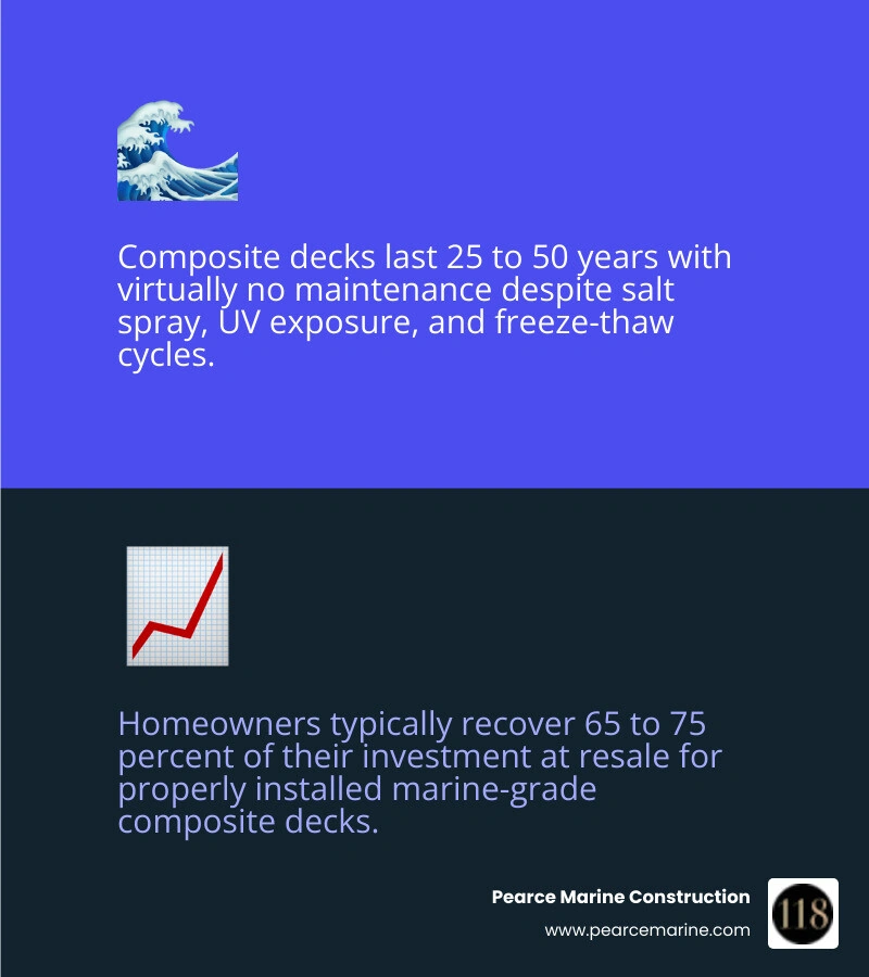 Infographic comparing composite deck builders: certification levels, warranty coverage, cost range, and ROI for Long Island