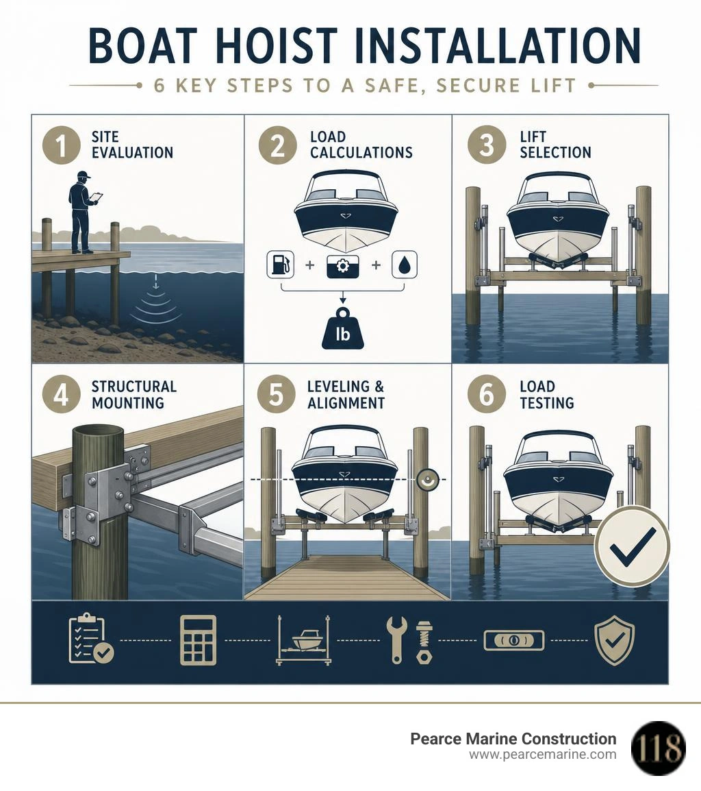 Infographic showing boat hoist installation steps: site eval, load calc, lift selection, structural mounting, leveling, load