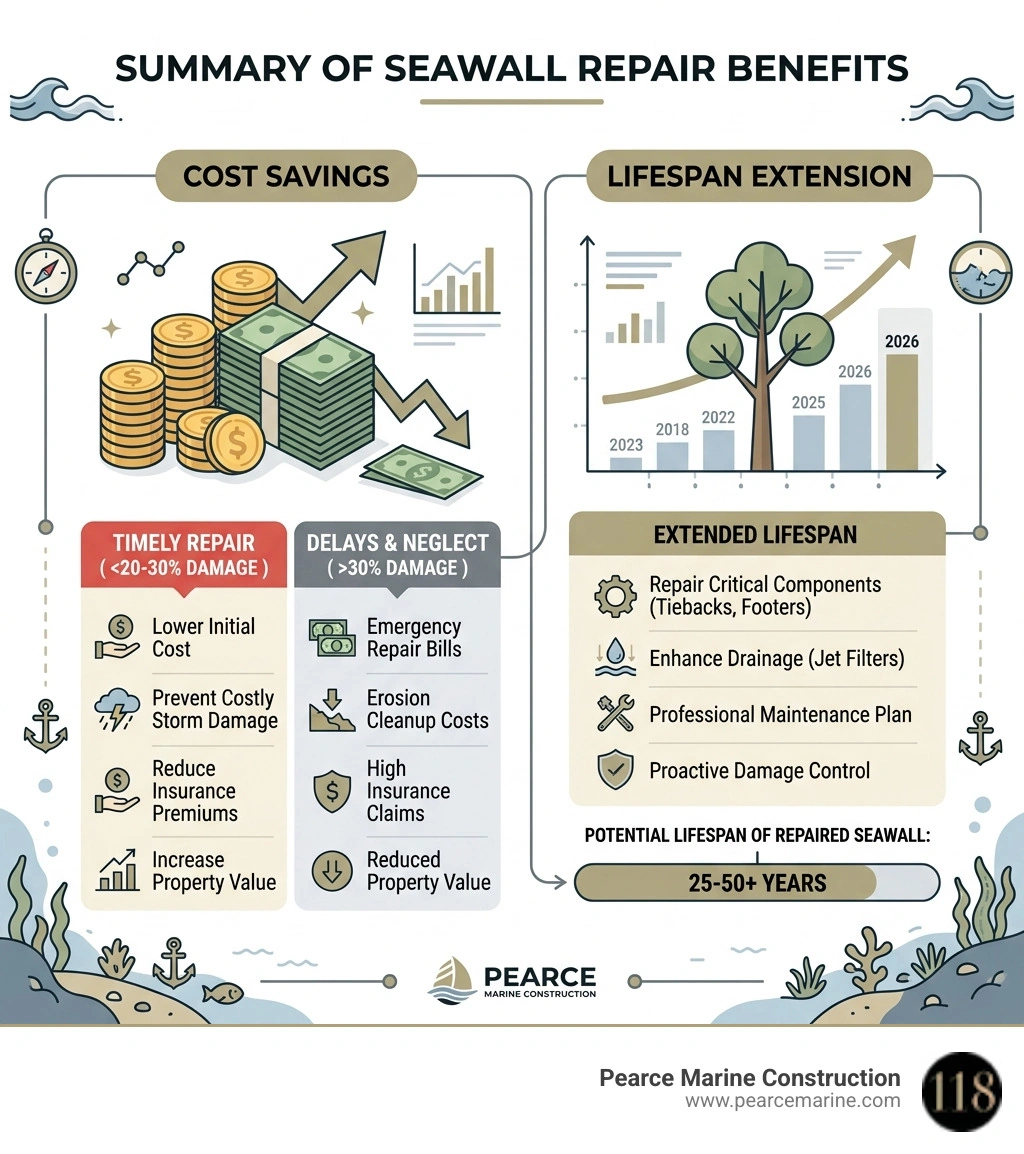 Summary of seawall repair benefits infographic showing cost savings and lifespan extension - seawall repairs infographic 