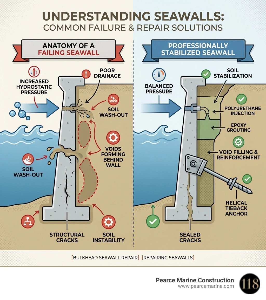 Anatomy of a failing seawall vs. a professionally stabilized seawall infographic showing voids, cracks, hydrostatic