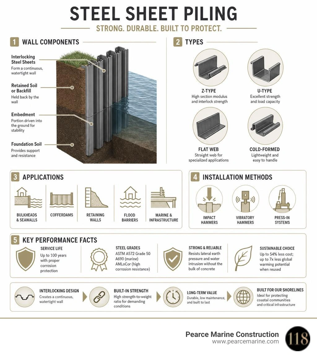 Infographic showing steel sheet piling wall components, types, applications, and key performance facts infographic Infographic showing steel sheet piling wall components, types, applications, and key performance facts infographic