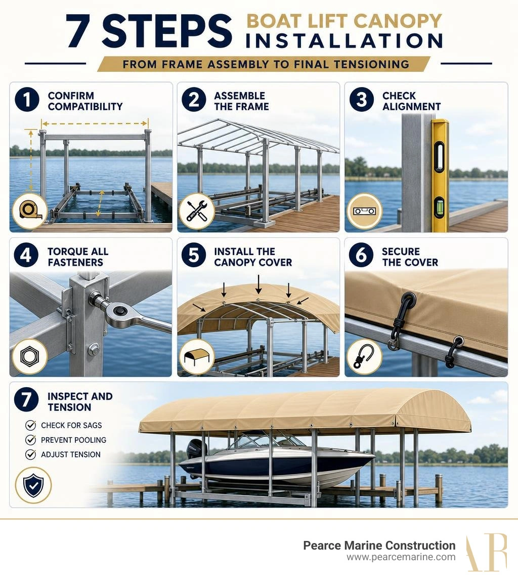 Infographic showing 7 steps of boat lift canopy installation from frame assembly to final tensioning infographic Infographic showing 7 steps of boat lift canopy installation from frame assembly to final tensioning infographic