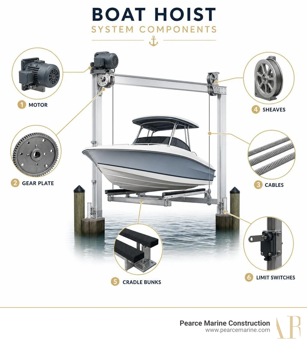 Diagram of boat hoist system components including motor, gear plate, cables, sheaves, cradle bunks, and limit switches Diagram of boat hoist system components including motor, gear plate, cables, sheaves, cradle bunks, and limit switches