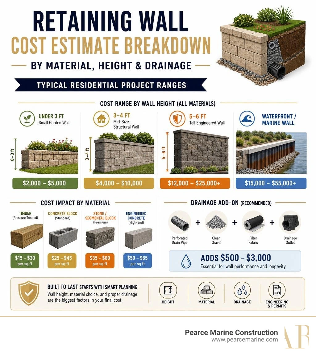 retaining wall cost estimate breakdown by material height and drainage showing typical residential project ranges infographic retaining wall cost estimate breakdown by material height and drainage showing typical residential project ranges infographic