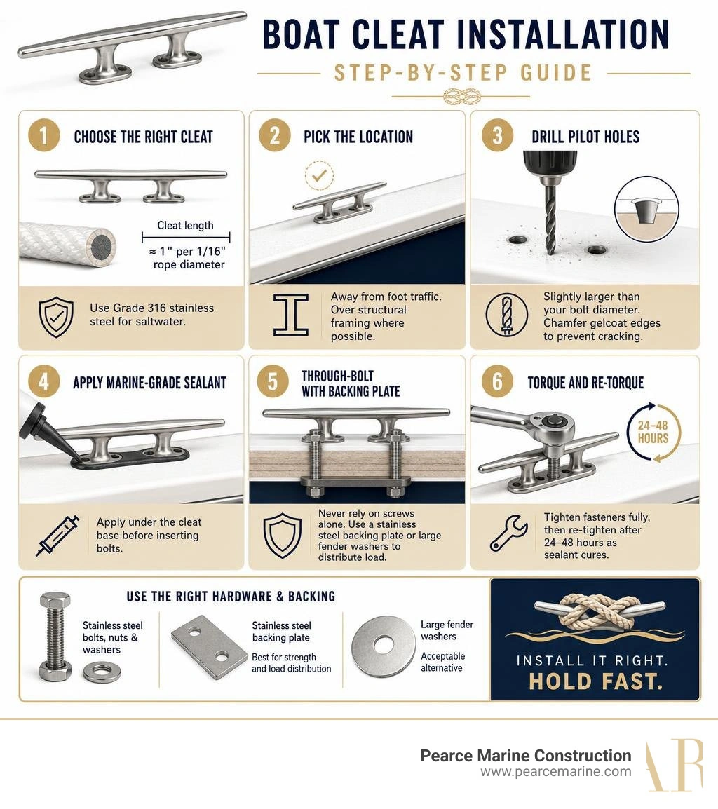 Step-by-step boat cleat installation guide showing sizing, hardware, and backing plate requirements infographic Step-by-step boat cleat installation guide showing sizing, hardware, and backing plate requirements infographic