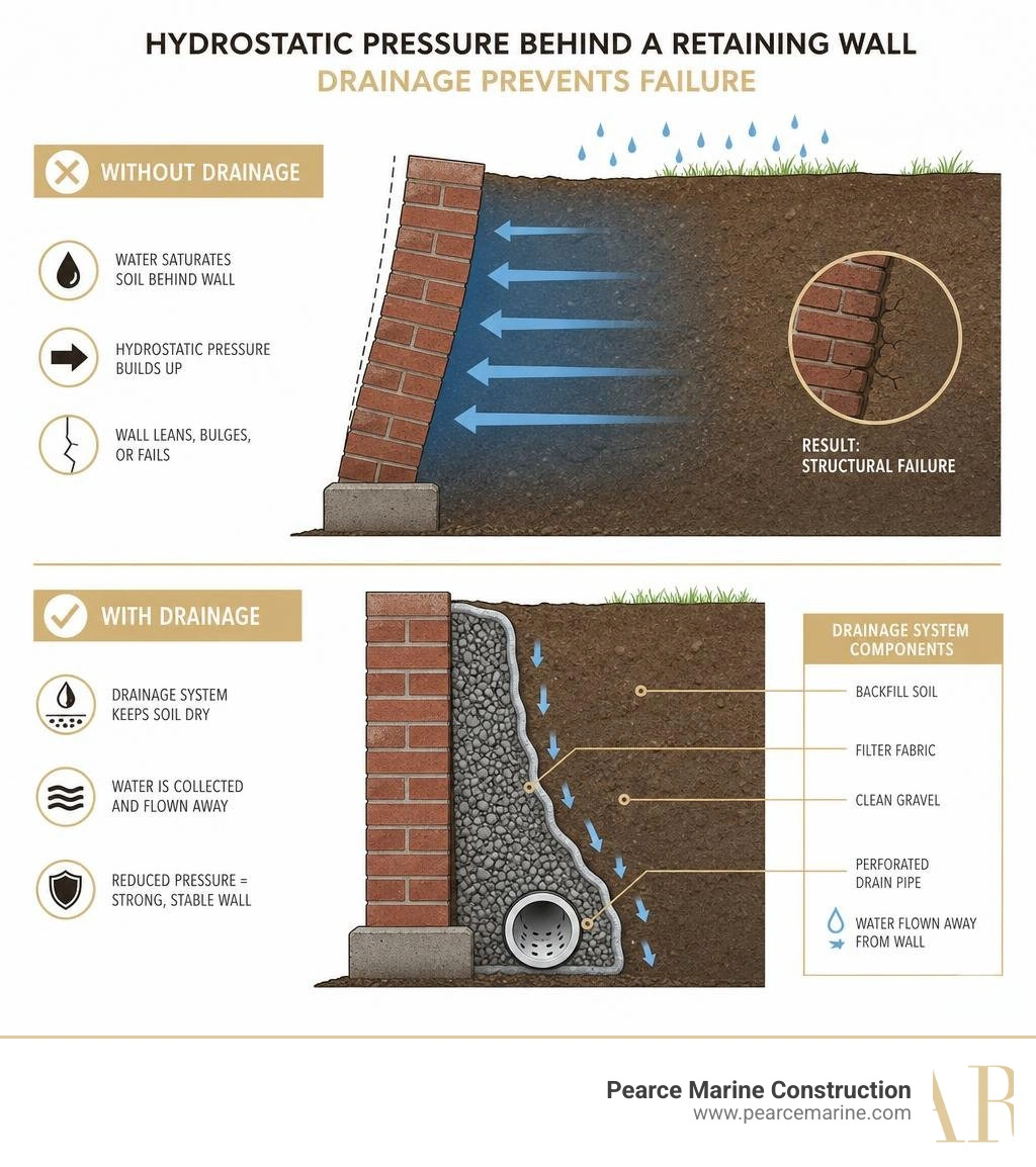 Infographic showing hydrostatic pressure buildup behind a brick retaining wall and how drainage prevents failure infographic